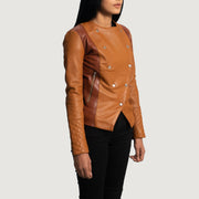 Tan Brown Sheepskin Leather Biker Jacket - Vista trasera con ajuste entallado en hombros y bajo impecable