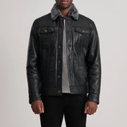 Dallis Negro Leather Shearling Trucker Chaqueta de Cuero para Hombre in Black Sheepskin Leather - Vista frontal y silueta a medida | Comprar online