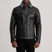 Detalle de cerca of Classic Collar &amp; Button Hardware on Dallis Negro Leather Shearling Trucker Chaqueta de Cuero para Hombre