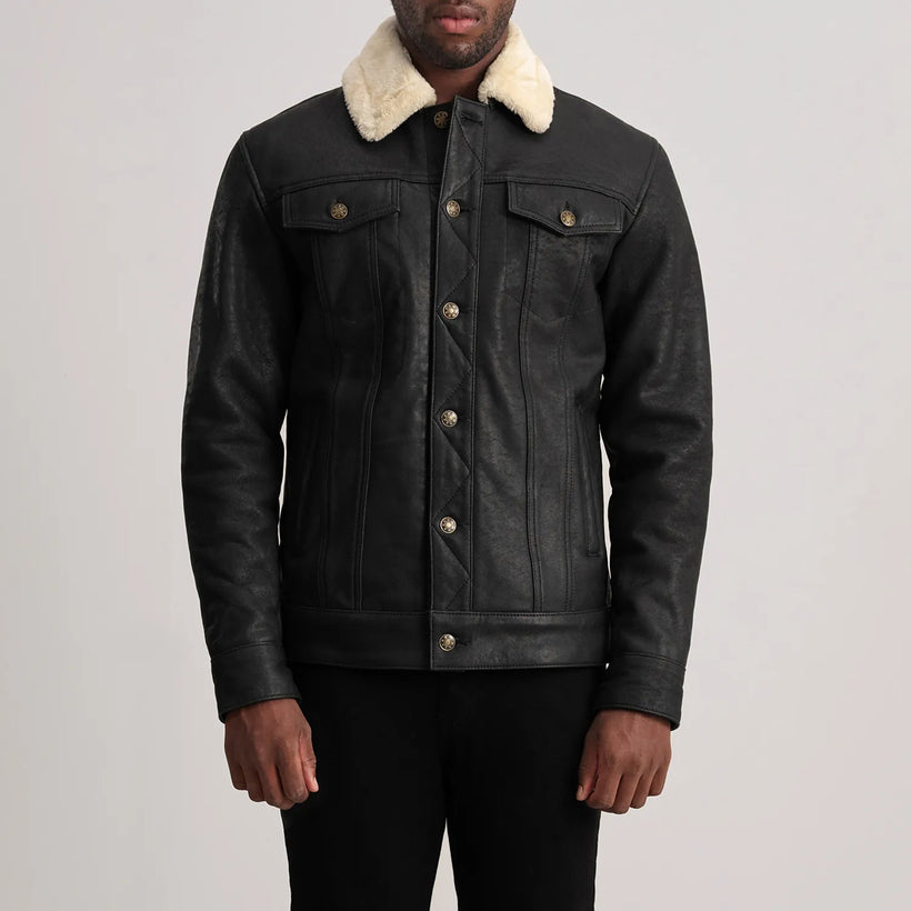 Dallis Negro Envejecido Leather Shearling Trucker Chaqueta de Cuero para Hombre