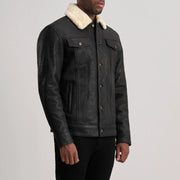 Distressed Black Sheepskin Snuffed Aviator Jacket - Vista trasera con ajuste entallado en hombros y bajo impecable