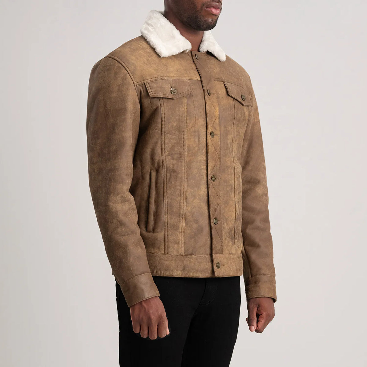 
Distressed Brown Sheepskin Snuffed Aviator Jacket - Vista posterior con hombros definidos y bajo impecable