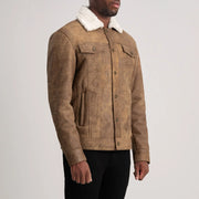 
Distressed Brown Sheepskin Snuffed Aviator Jacket - Vista posterior con hombros definidos y bajo impecable