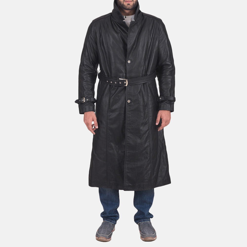 Men's Daniel Negro Trench de Cuero para Hombre in Black Cowhide Leather - Vista frontal y silueta a medida | Comprar online