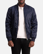 Danson Acolchado Azul Varsity Chaqueta de Cuero para Hombre - Vista de perfil lateral con corte ergonómico de manga