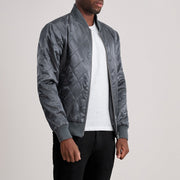 Grey Satin Varsity Jacket - Vista trasera con ajuste entallado en hombros y bajo impecable