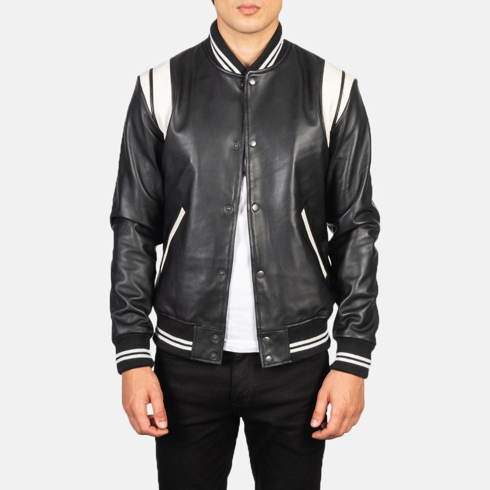 Men's Dantee Negro Leather Varsity Chaqueta de Cuero para Hombre in Black &amp; White Sheepskin Leather - Vista frontal y silueta a medida | Comprar online