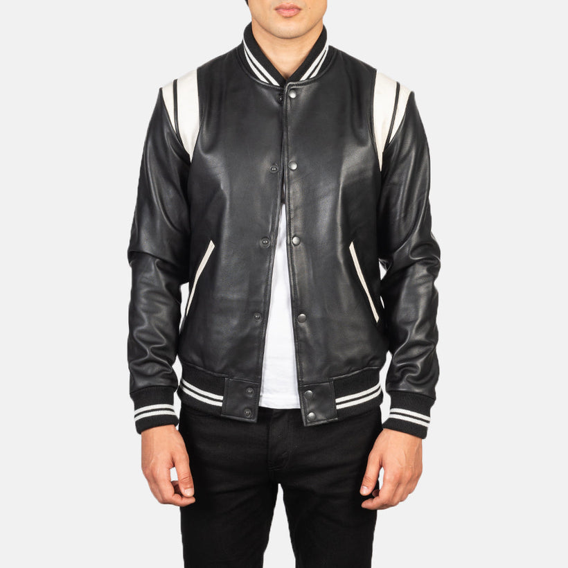 Dantee Negro Leather Varsity Chaqueta de Cuero para Hombre