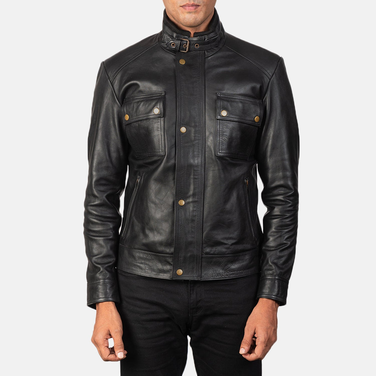 
Darren Black Leather Biker Jacket in Black 100% Full-Grain Leather - Vista frontal y silueta entallada | Comprar online