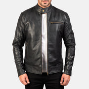 Dean Negro Chaqueta Biker de Cuero para Hombre in Black Cow Hide Leather - Vista frontal y silueta a medida | Comprar online