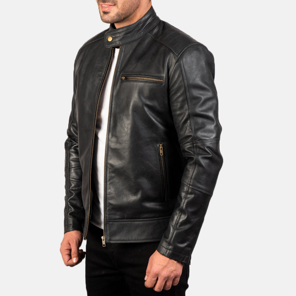 Dean Negro Chaqueta Biker de Cuero para Hombre - Vista trasera con ajuste entallado en hombros y bajo impecable