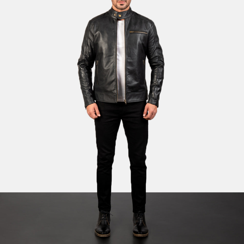 Dean Negro Chaqueta Biker de Cuero para Hombre - Vista de perfil lateral con corte ergonómico de manga