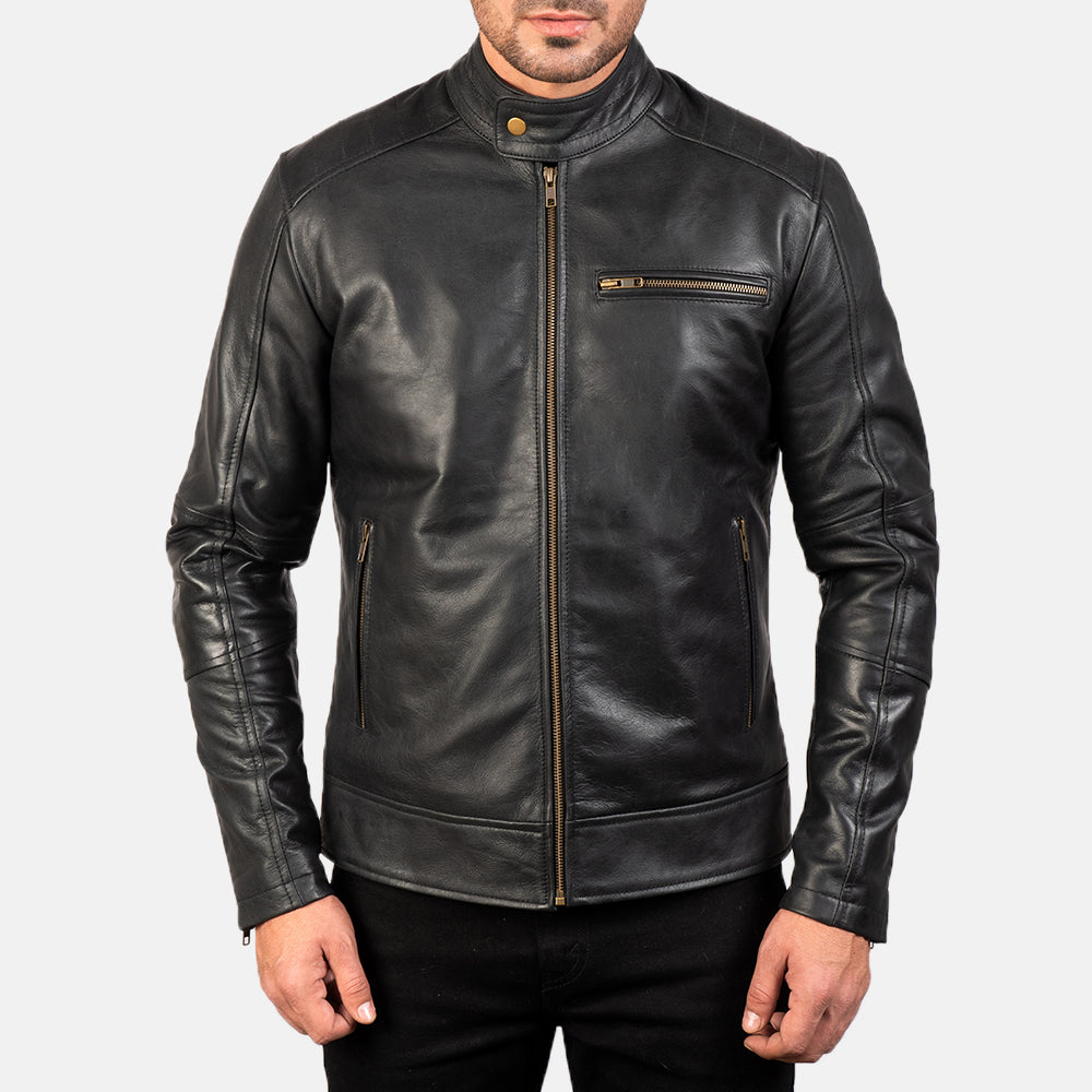 Detalle de cerca of Band with snap button &amp; Zipper Hardware on Dean Negro Chaqueta Biker de Cuero para Hombre