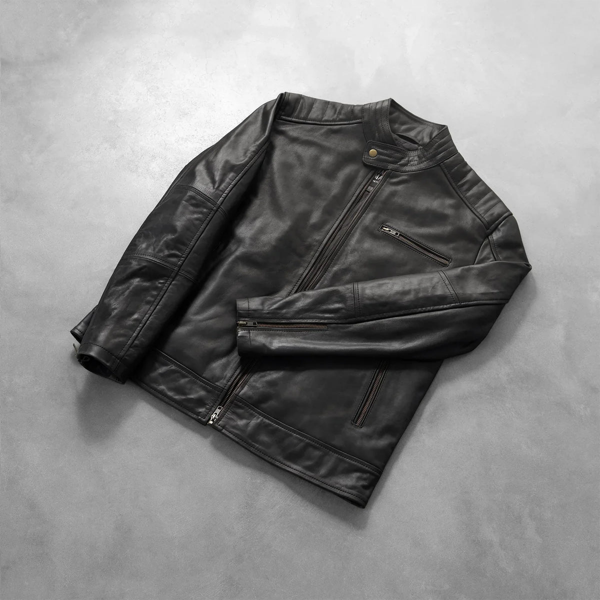Zipper &amp; Hem Craftsmanship Construction Detail on Dean Negro Chaqueta Biker de Cuero para Hombre