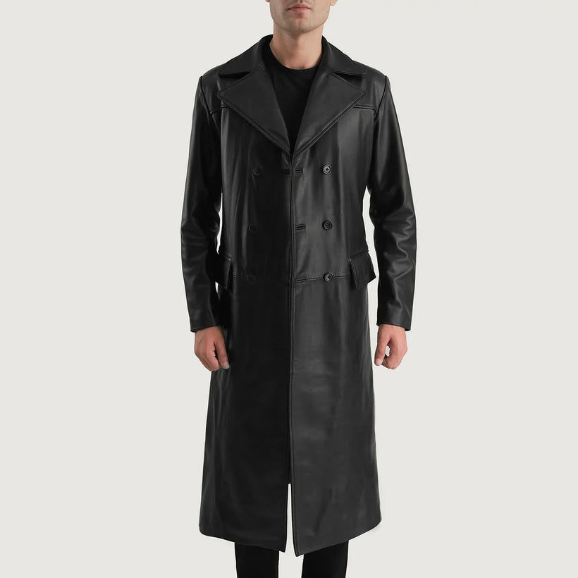 Delmar Negro Leather Double-Breasted Abrigo de Cuero para Hombre