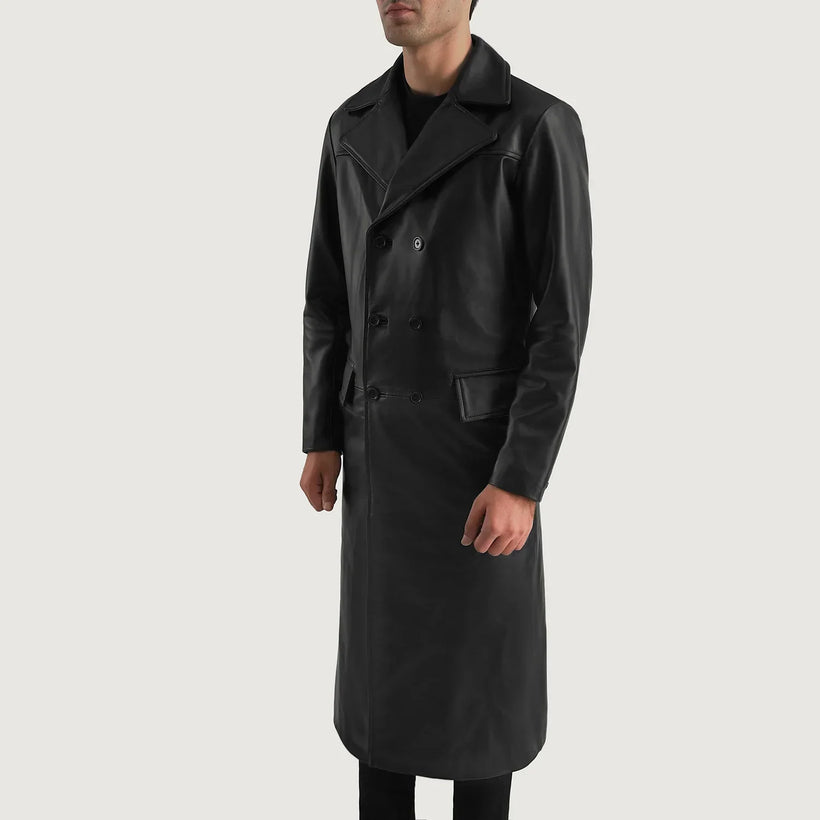 Delmar Negro Leather Double-Breasted Abrigo de Cuero para Hombre