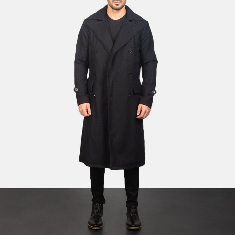 Detective Negro Wool Abrigo de Cuero para Hombre