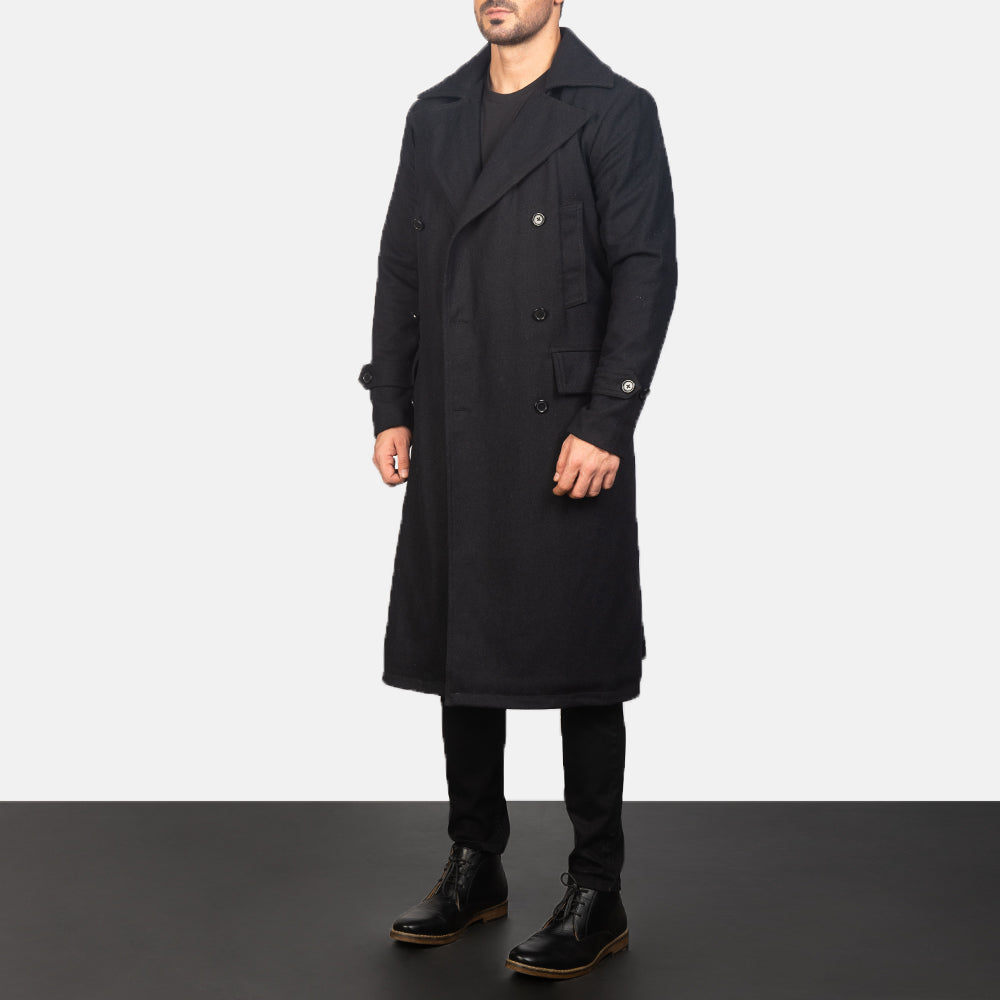 Black Synthetic Wool Trench Coat - Vista trasera con ajuste entallado en hombros y bajo impecable