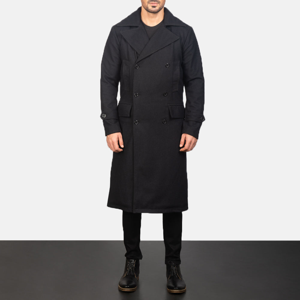 Detalle de cerca of Notch &amp; Button Hardware on Men's Detective Negro Wool Abrigo de Cuero para Hombre