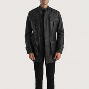 Dolf Negro Chaqueta de Cuero para Hombre in Black Cowhide Leather - Vista frontal y silueta a medida | Comprar online