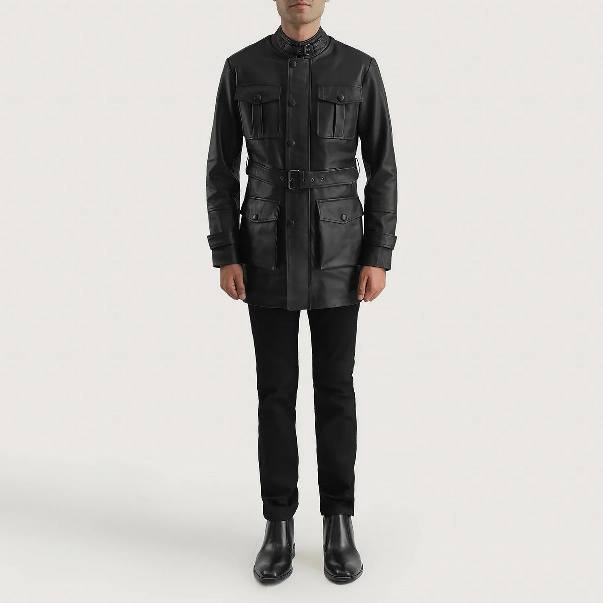 Dolf Negro Chaqueta de Cuero para Hombre - Vista de perfil lateral con corte ergonómico de manga