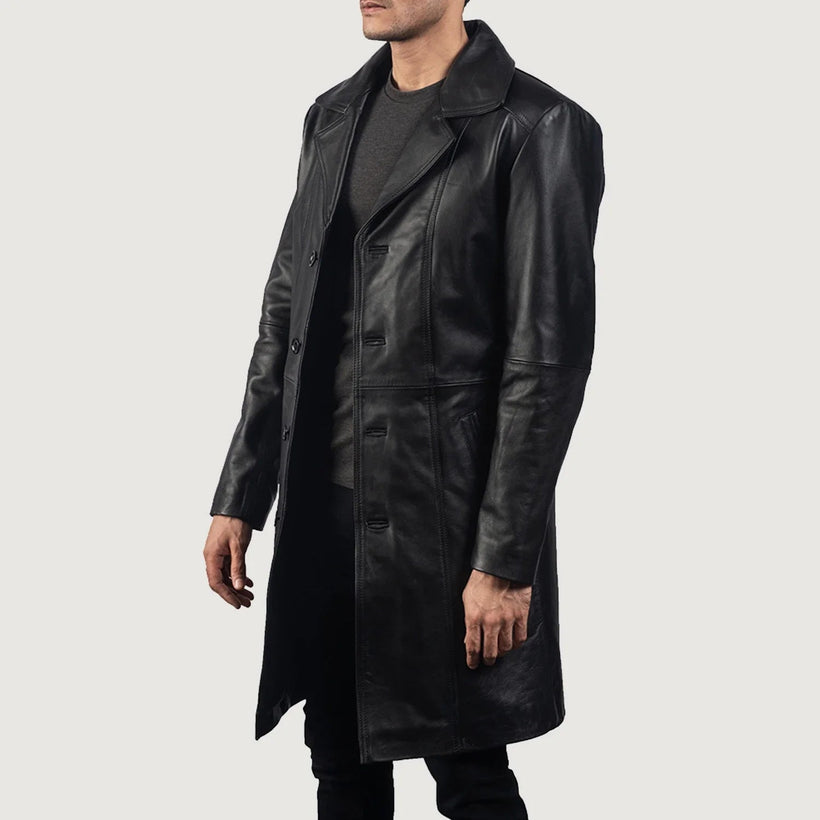 Don Long Negro Abrigo de Cuero para Hombre