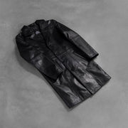 Open hem &amp; Hem Craftsmanship Construction Detail on Men's Don Long Negro Abrigo de Cuero para Hombre