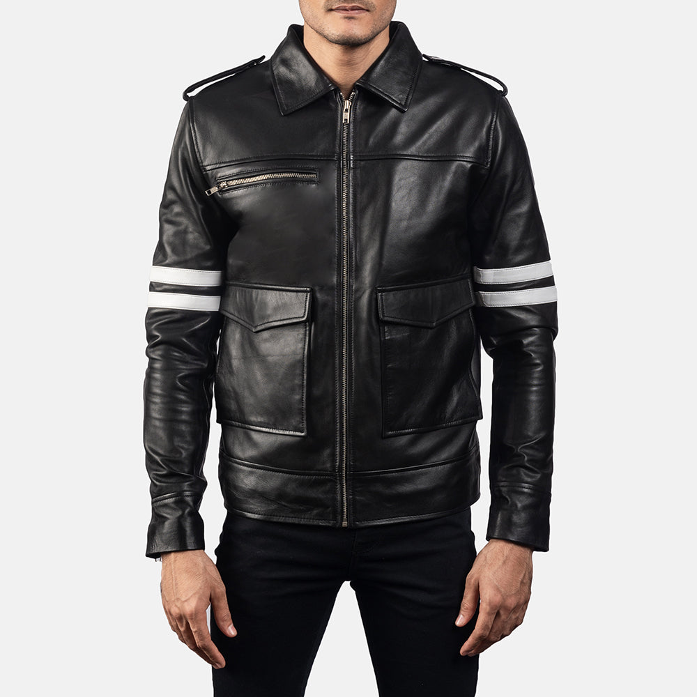 Dragonhide Negro Chaqueta de Cuero para Hombre in Black Sheepskin Leather - Vista frontal y silueta a medida | Comprar online