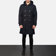 Detalle de cerca of Shirt with Removable Hood &amp; Toggle Buttons with Placket &amp; Zipper Hardware on Men's Drake Black Wool Duffle Coat