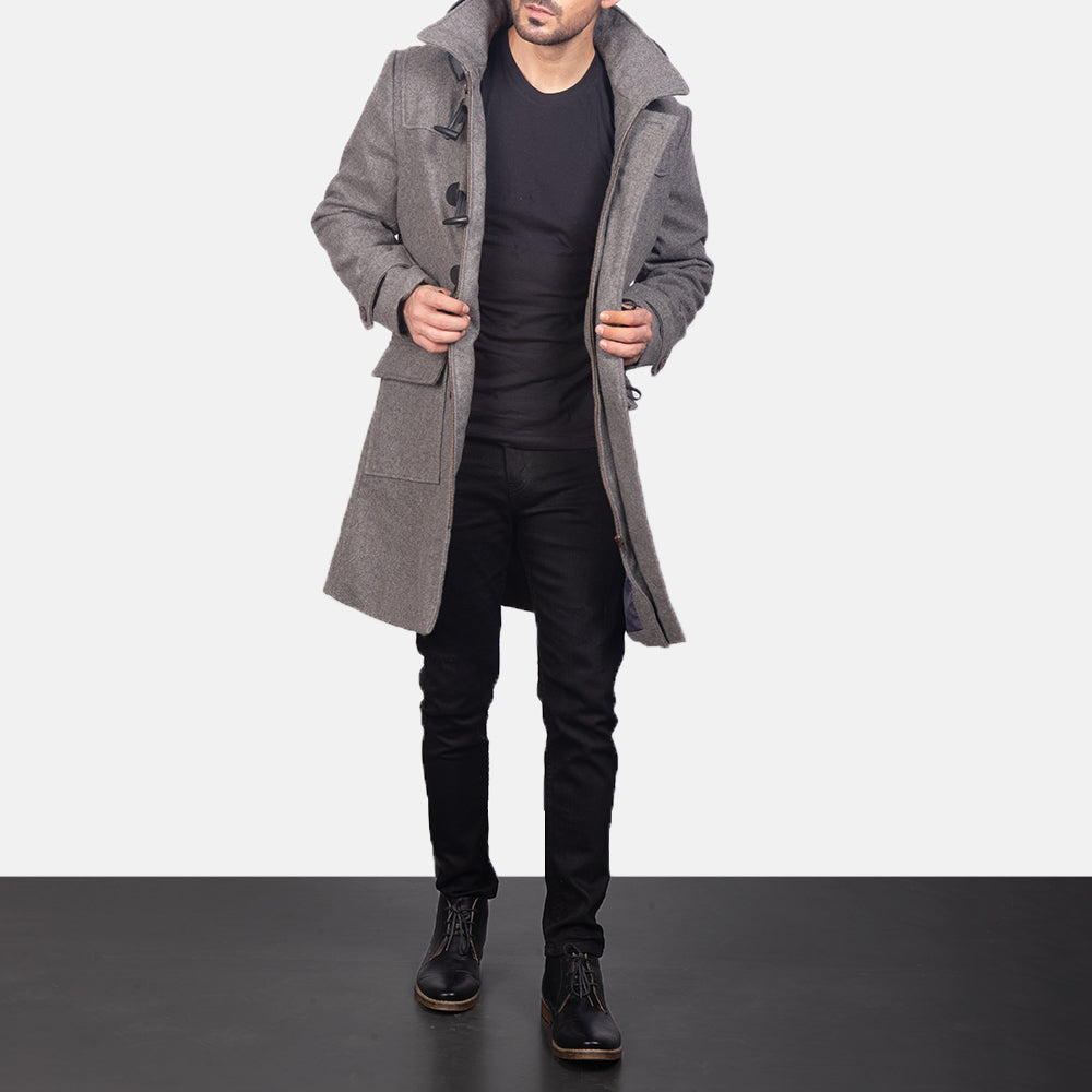 Men's Grey Wool Duffle Coat in Grey Synthetic Wool - Vista frontal y silueta a medida | Comprar online