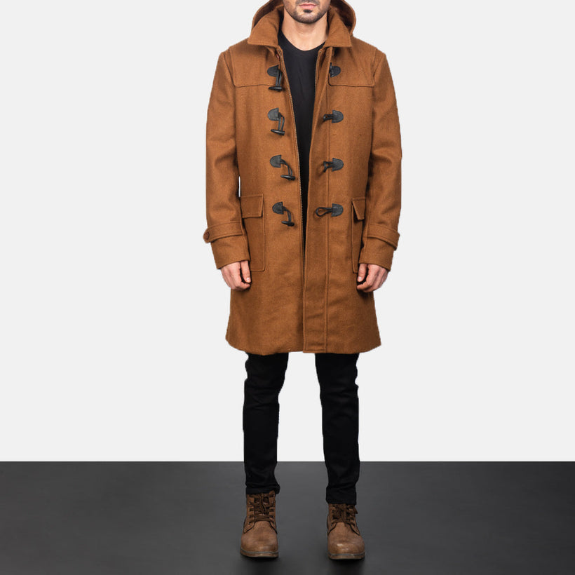 Drake Khaki Wool Hooded Duffle Abrigo de Cuero para Hombre