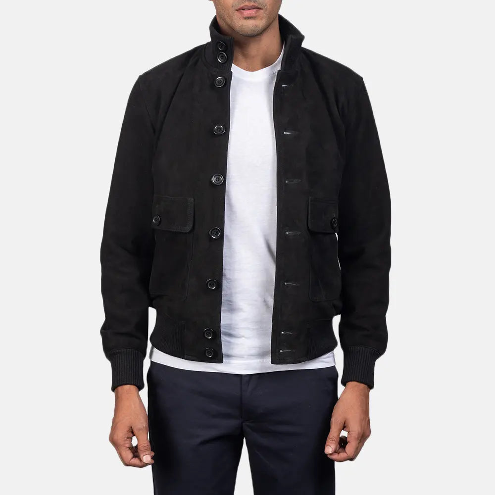 Men's Eaton Brown Suede Bomber Jacket in Brown Goatskin Suede - Vista frontal y silueta a medida | Comprar online
