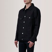 Eddie Negro Oversized Denim Trucker Chaqueta de Cuero para Hombre For Men - Vista de perfil lateral con corte ergonómico de manga