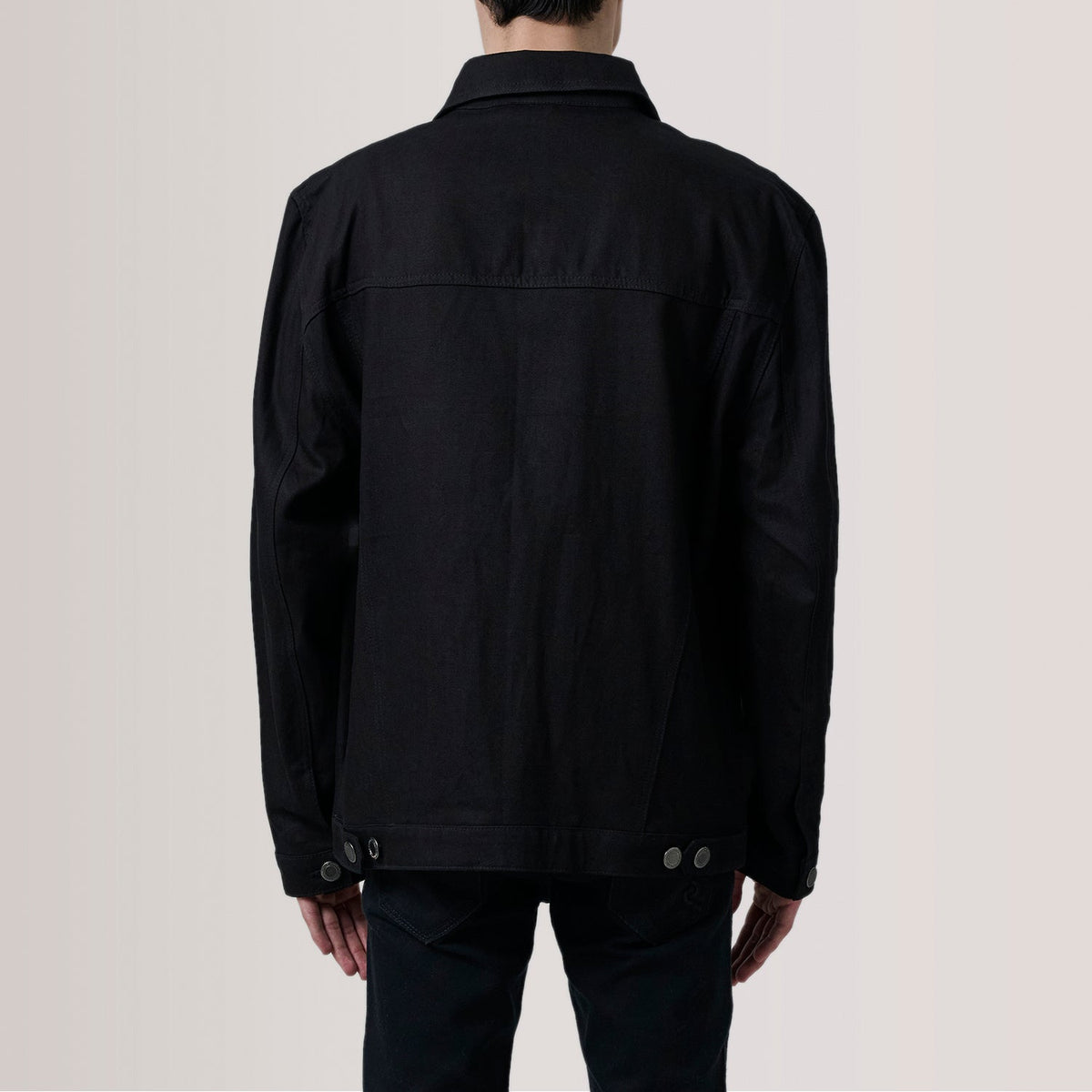 Detalle de cerca of Classic Collar &amp; Heavy-Duty Zipper Hardware on Eddie Negro Oversized Denim Trucker Chaqueta de Cuero para Hombre For Men