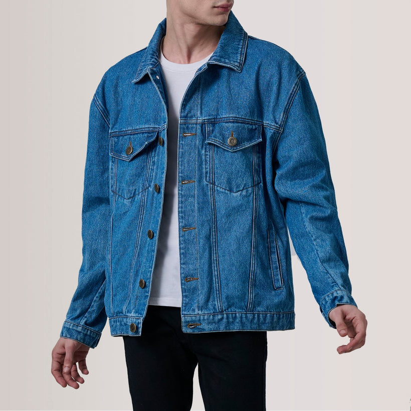 Eddie Dark Azul Oversized Denim Trucker Chaqueta de Cuero para Hombre