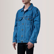 
Eddie Dark Azul Oversized Denim Trucker Chaqueta de Cuero para Hombre For Men - Vista lateral mostrando el corte ergonómico de mangas