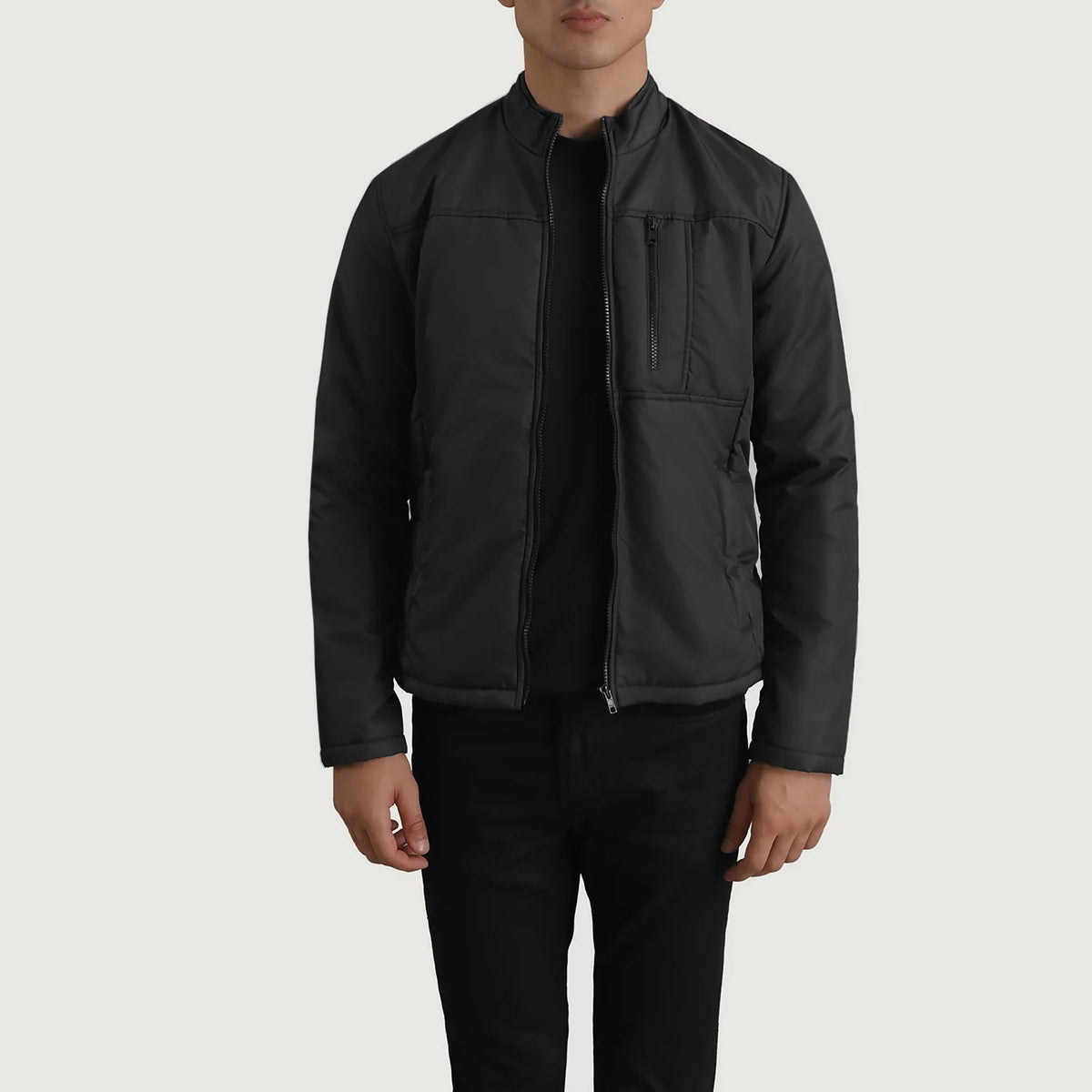 Elliot Negro Lightweight Chaqueta de Cuero para Hombre in Black Full-Grain Leather - Vista frontal y silueta a medida | Comprar online