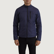 Detalle de cerca of Classic Collar &amp; Zipper Hardware on Elliot Azul Lightweight Chaqueta de Cuero para Hombre