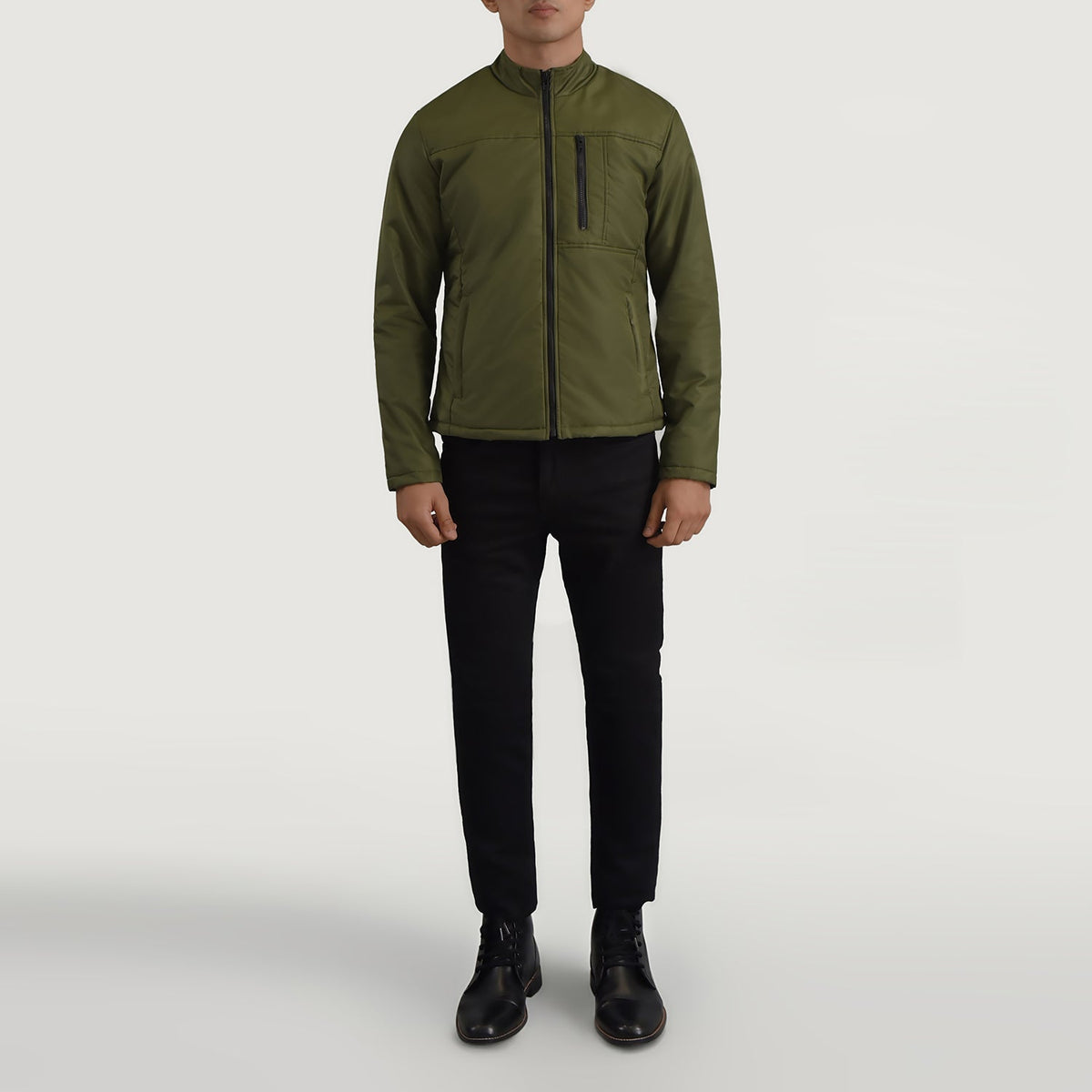 Elliot Verde Lightweight Chaqueta de Cuero para Hombre - Vista de perfil lateral con corte ergonómico de manga
