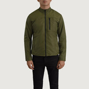 Detalle de cerca of Classic Collar &amp; Zipper Hardware on Elliot Verde Lightweight Chaqueta de Cuero para Hombre