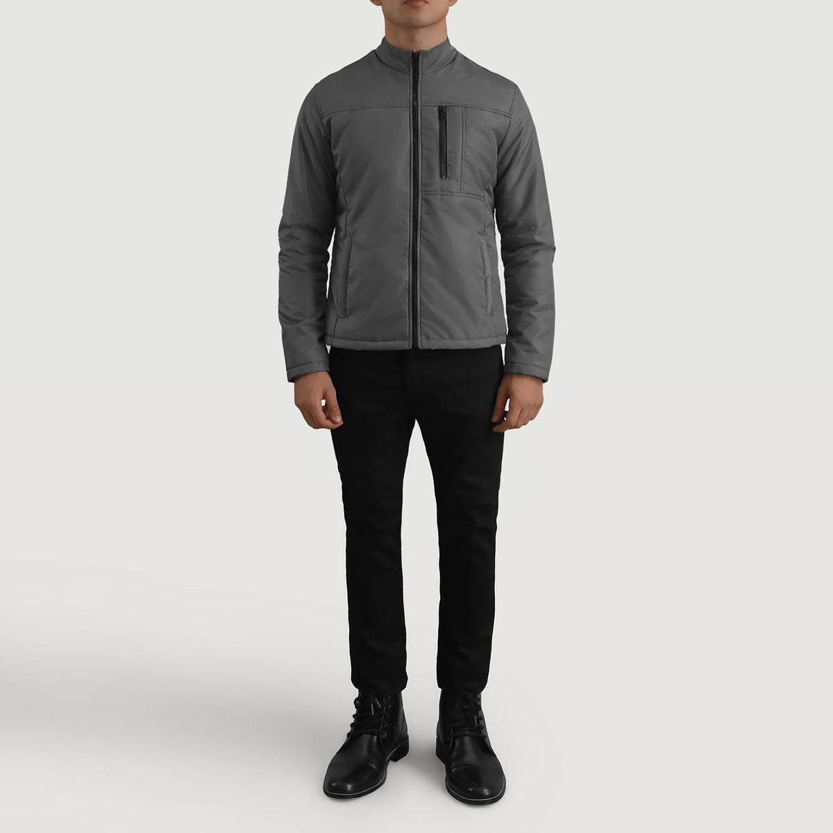 Elliot Gris Lightweight Chaqueta de Cuero para Hombre - Vista de perfil lateral con corte ergonómico de manga