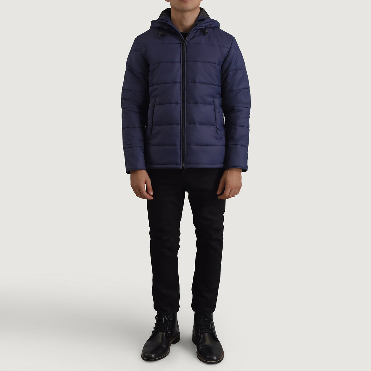Erico Azul Hooded Puffer Chaqueta de Cuero para Hombre - Vista de perfil lateral con corte ergonómico de manga