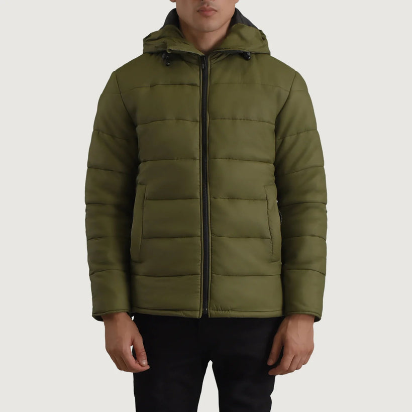 Erico Verde Hooded Puffer Chaqueta de Cuero para Hombre
