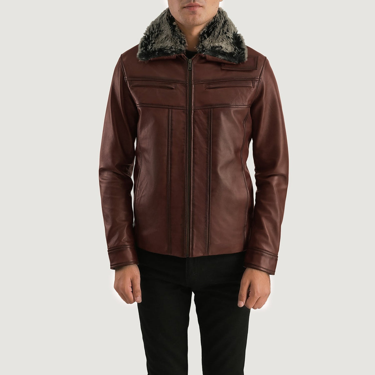 Men's Evan Hart Fur Marrón Chaqueta de Cuero para Hombre in Distressed Brown Sheepskin Burnishing - Vista frontal y silueta a medida | Comprar online