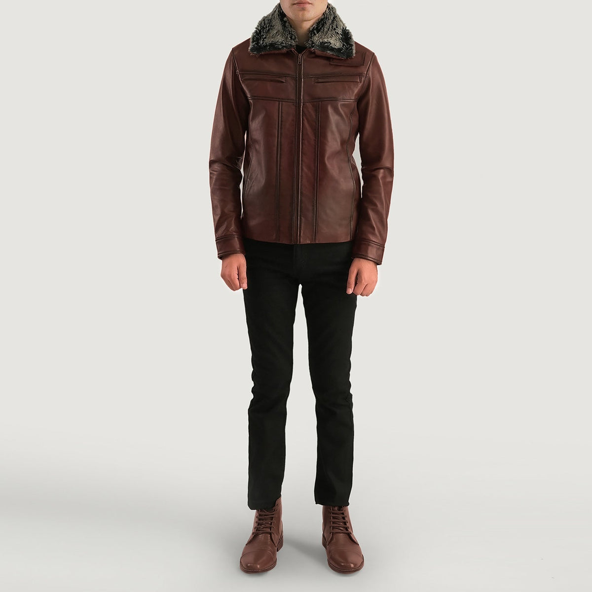 Detalle de cerca of Shirt &amp; Zipper Hardware on Men's Evan Hart Fur Marrón Chaqueta de Cuero para Hombre