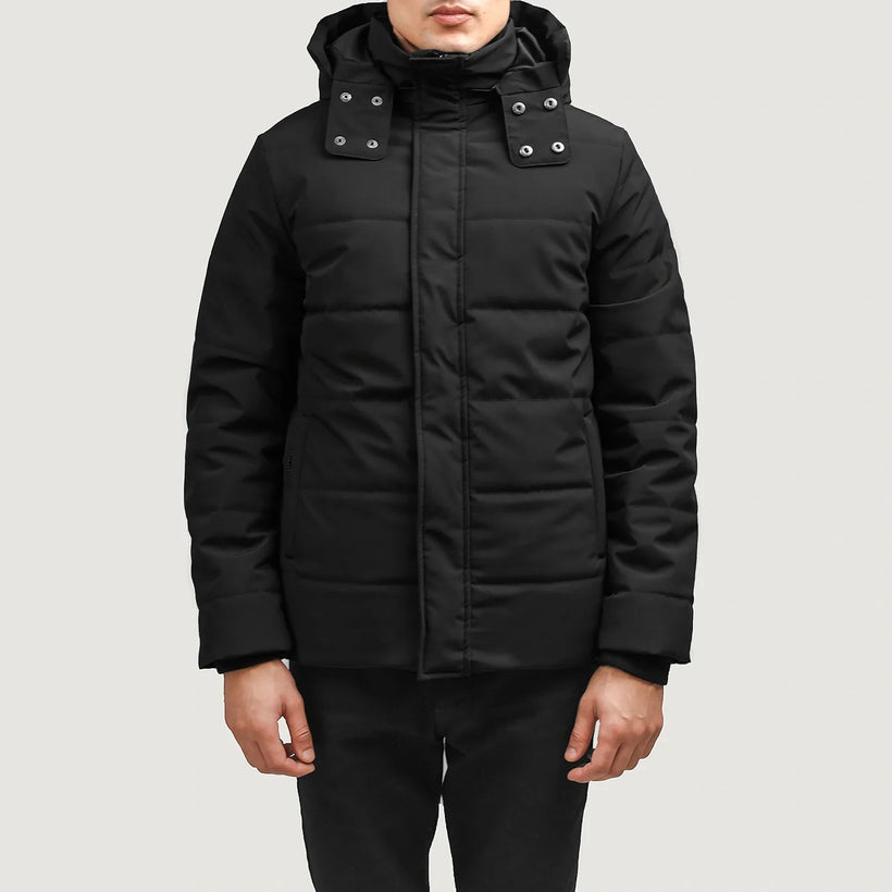 Exton Negro Hooded Down Puffer Chaqueta de Cuero para Hombre