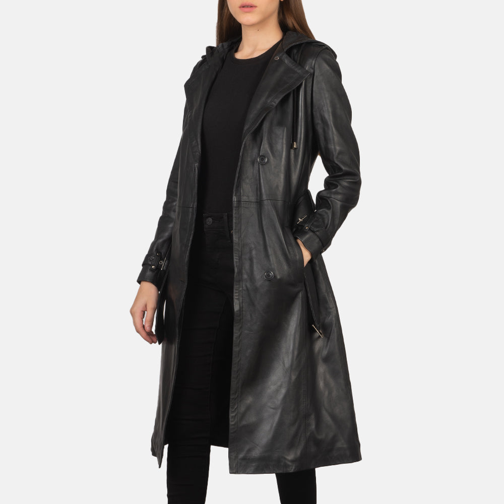 
Fixon Hooded Negro Gabardina Trench de Cuero para Mujer in Black Sheepskin Leather - Vista frontal y silueta entallada | Comprar online