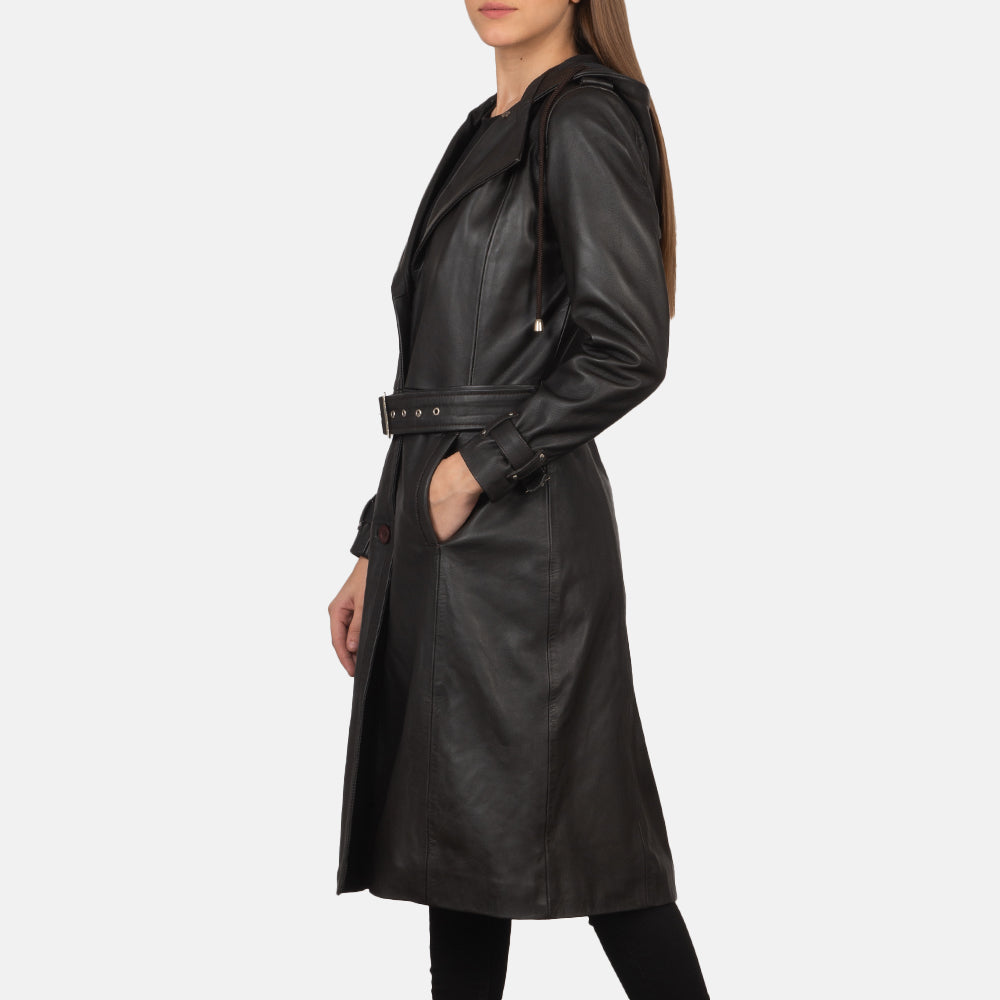 
Brown Sheepskin Leather Trench Coat - Vista posterior con hombros definidos y bajo impecable