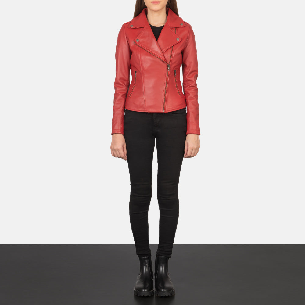Detalle de cerca of Notch &amp; Zipper Hardware on Women's Flashback Red Leather Biker Jacket