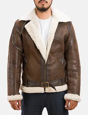 Men's Forest Double Face Chaqueta de Borrego para Hombre in Distressed Brown Sheepskin Leather - Vista frontal y silueta a medida | Comprar online